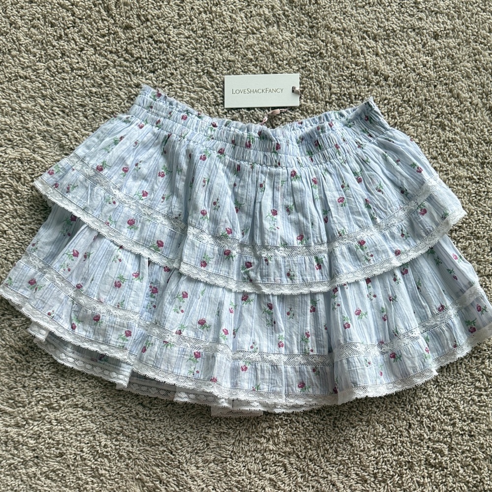 LoveShackFancy Blue Floral Tiered Mini Skirt
